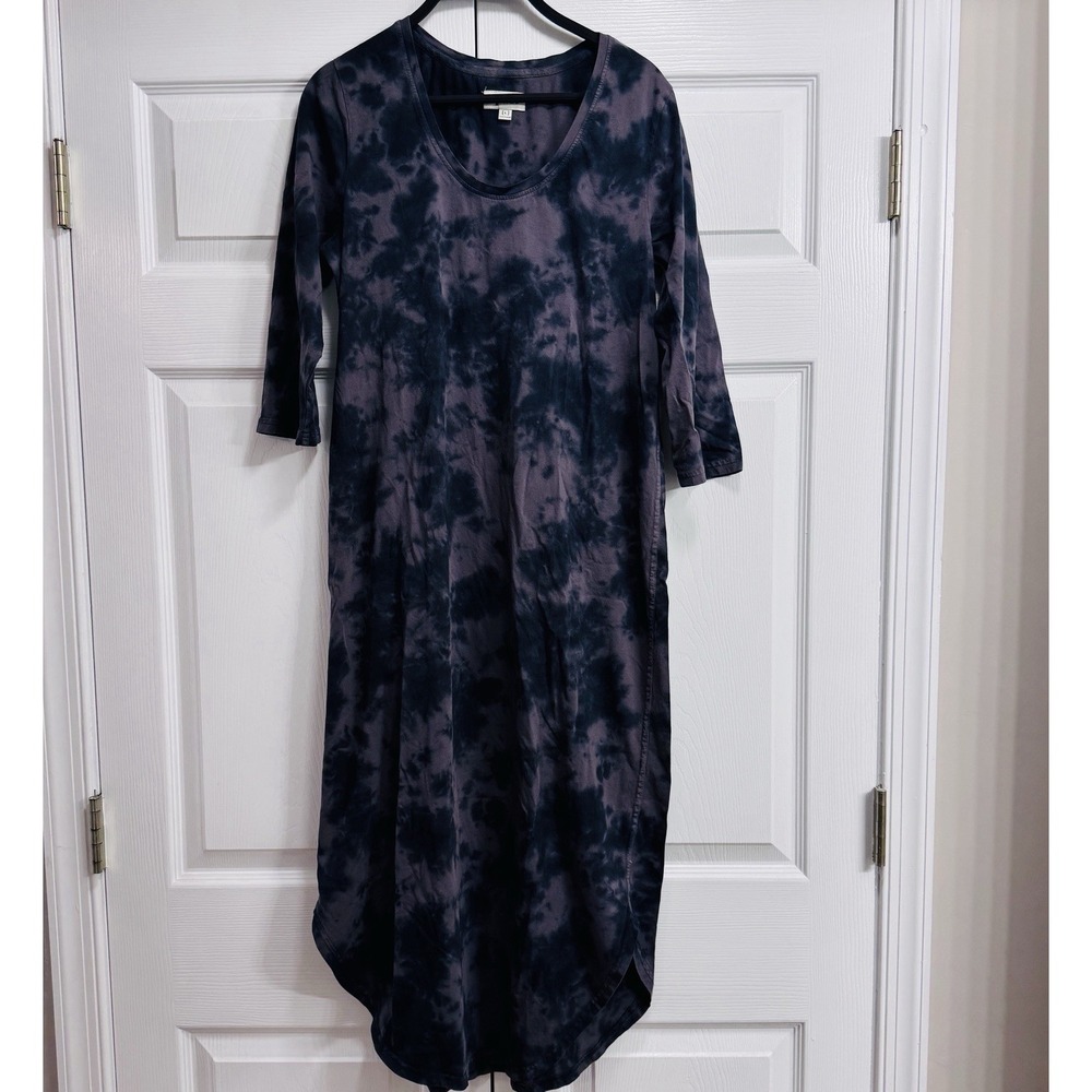 Pact Organic Cotton T-Shirt Dress Women Large Black Gray Tie Dye Midi